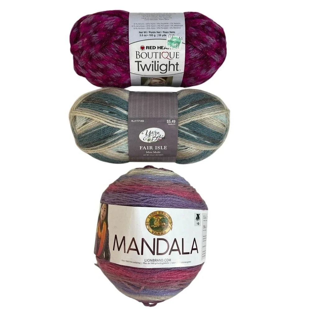Lion Brand Mandala Yarn Bee Fair Isle Red Heart Boutique Twilight Yarn Lot 3 Mix